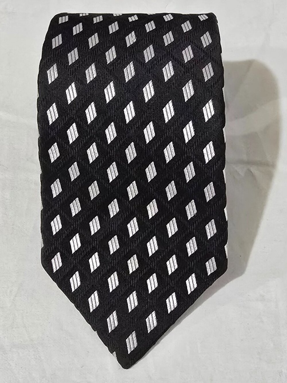 Escada Hand Made in Italy 100% Silk Necktie - Black Silver Geo